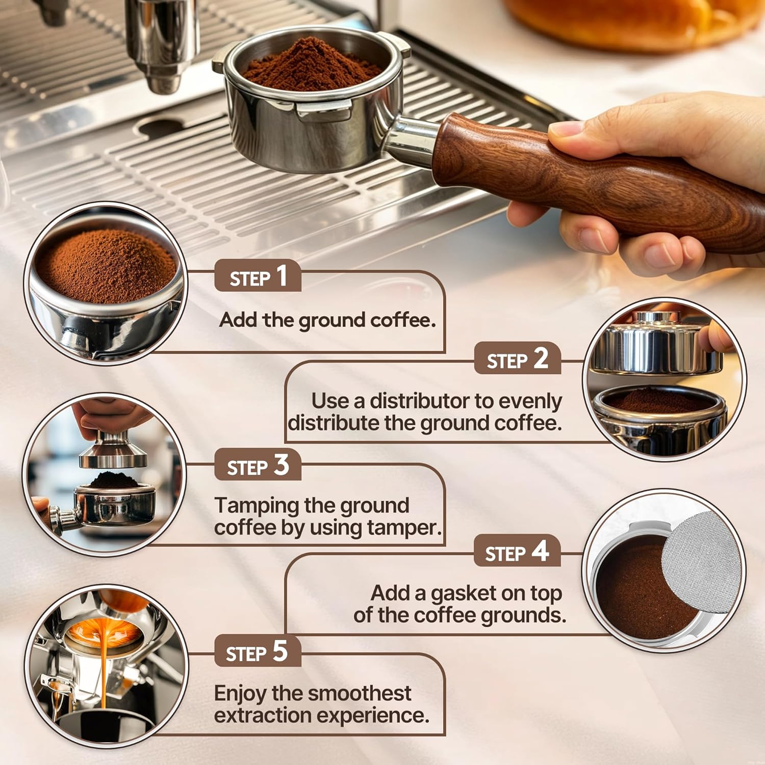 54mm Bottomless Portafilter for Breville Barista Express Pro Touch, Naked Portafilter with 18-20g Filter Basket & 53.3mm Puck Screen, 304 FG Stainless Steel, Walnut Handle Espresso Accessories