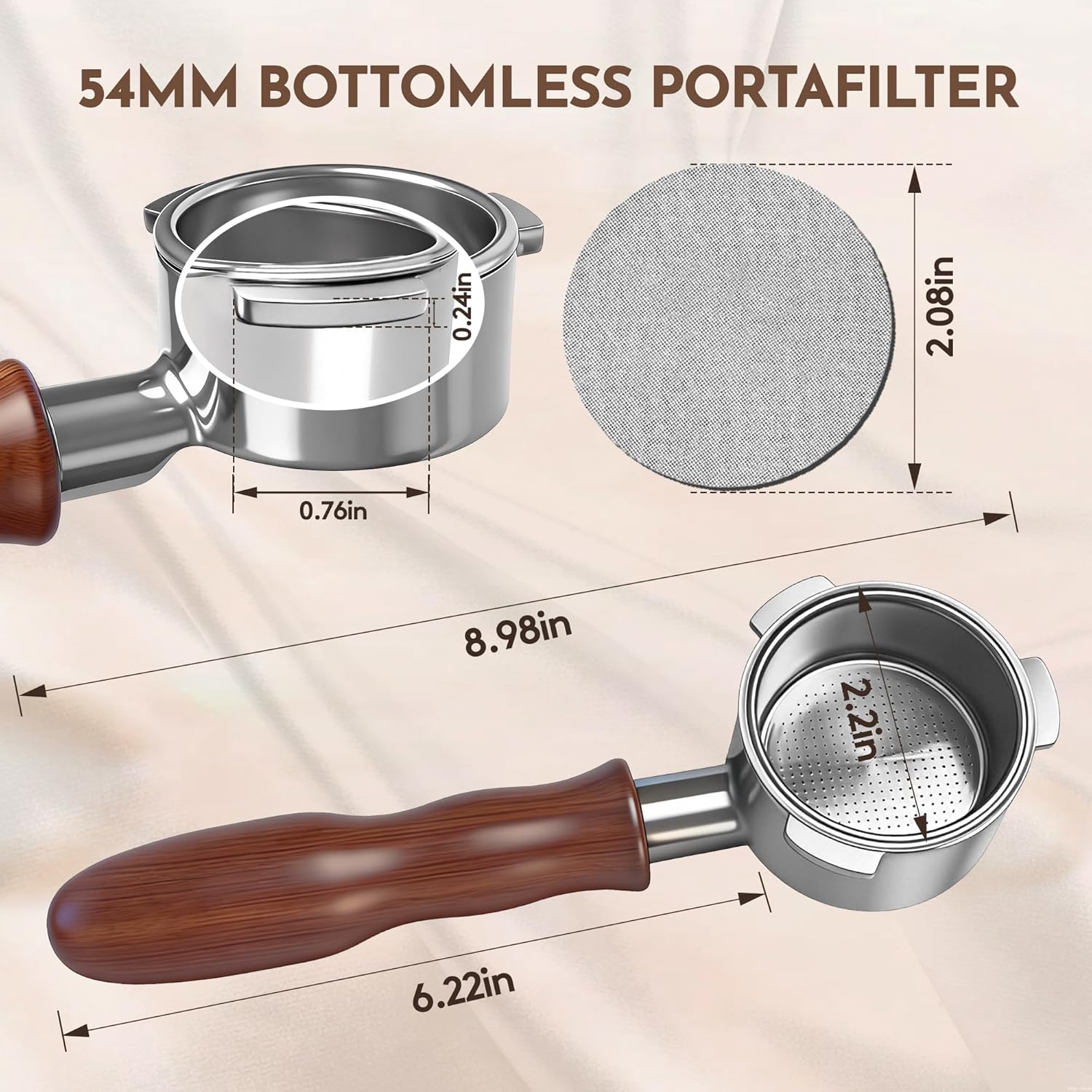54mm Bottomless Portafilter for Breville Barista Express Pro Touch, Naked Portafilter with 18-20g Filter Basket & 53.3mm Puck Screen, 304 FG Stainless Steel, Walnut Handle Espresso Accessories