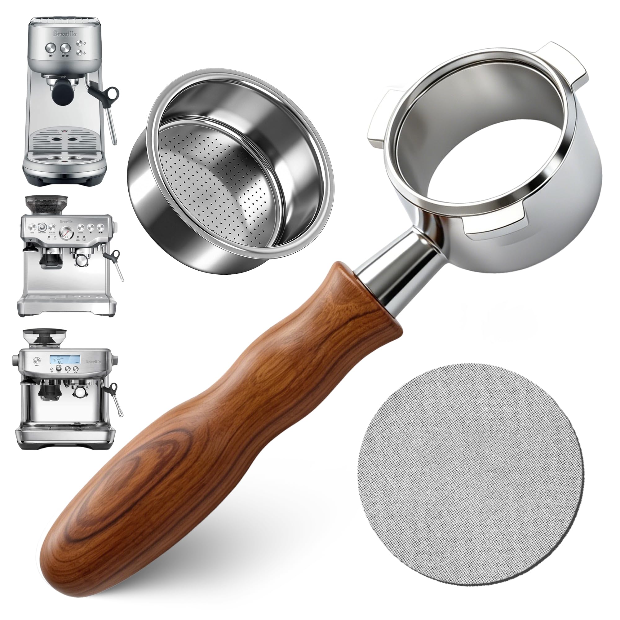 54mm Bottomless Portafilter for Breville Barista Express Pro Touch, Naked Portafilter with 18-20g Filter Basket & 53.3mm Puck Screen, 304 FG Stainless Steel, Walnut Handle Espresso Accessories